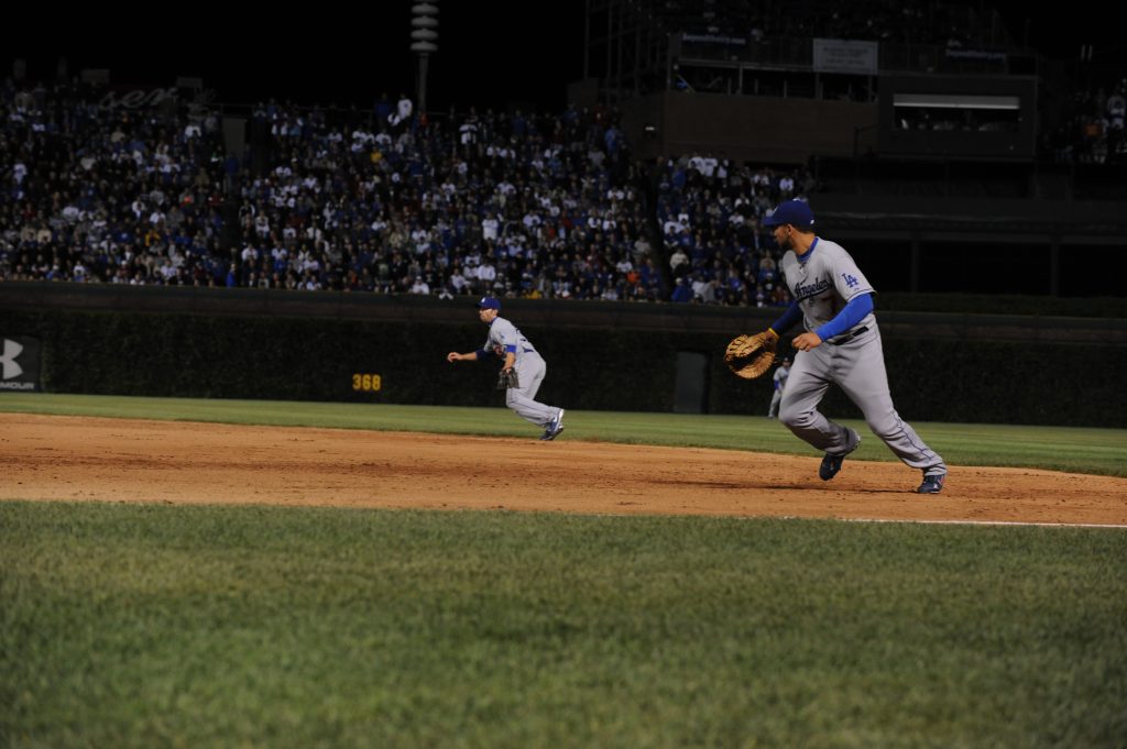 Blake DeWitt and James Loney in action at Game 1 of the 2008 National League Championship Series in Chicago. (Jon SooHoo/Los Angeles Dodgers 2008)