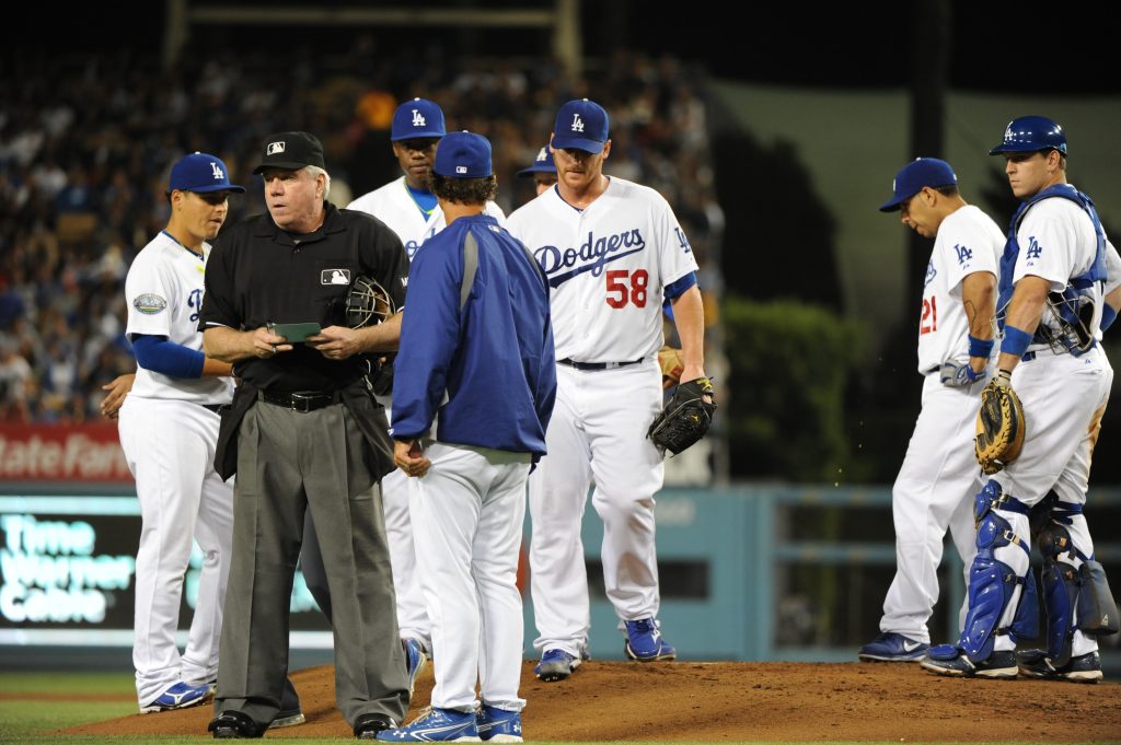 Chad Billingsley leaves the mound in his final appearance of 2012, on August 24 (Jill Weisleder/Los Angeles Dodgers)