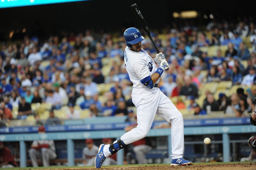 Andre Ethier tied the Los Angeles Dodger record for career HBPs with this plunking on June 13. (Jon SooHoo/Los Angeles Dodgers)