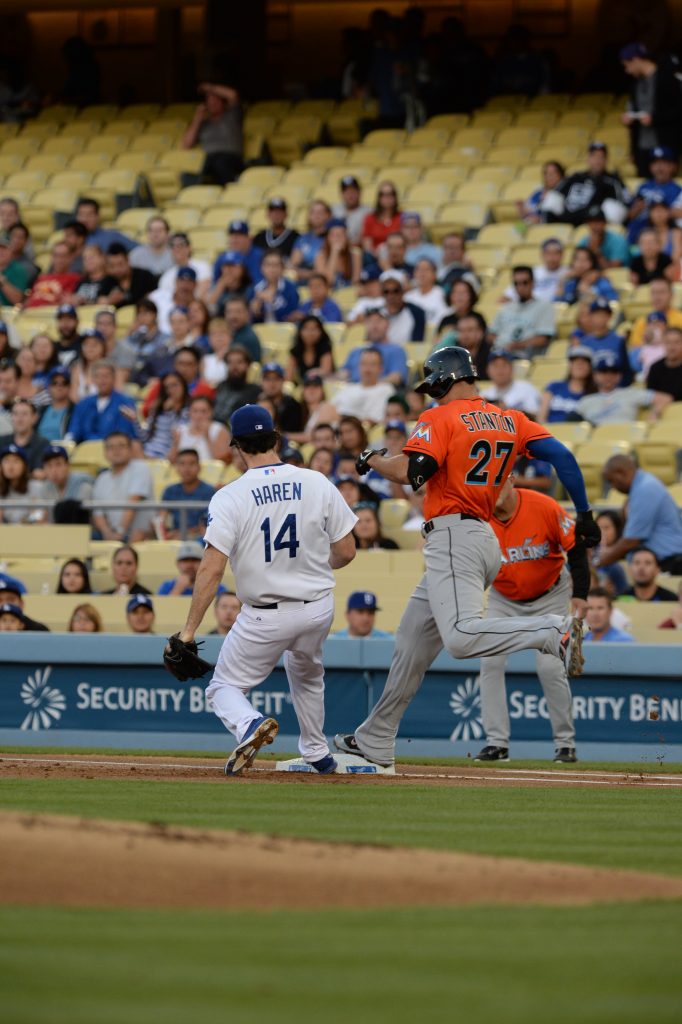A first-inning safe call May 12 on Giancarlo Stanton was reversed. (Jon SooHoo/Los Angeles Dodgers)