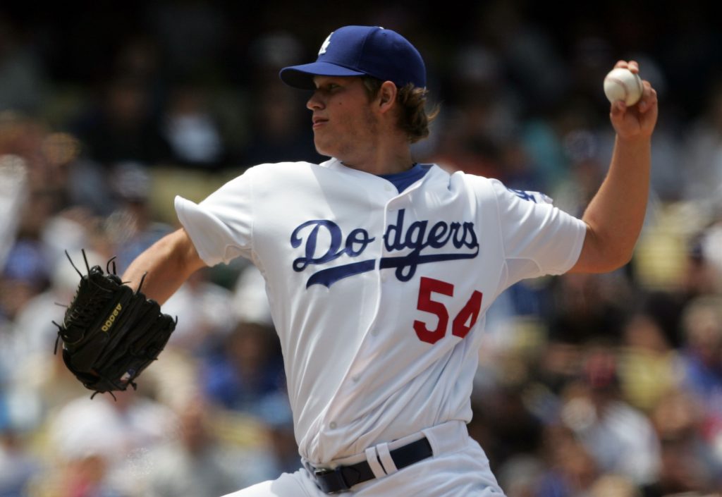 Clayton Kershaw, wearing No. 54, makes the first start of his big-league career, May 25, 2008  (Jeff Gross/Getty Images).