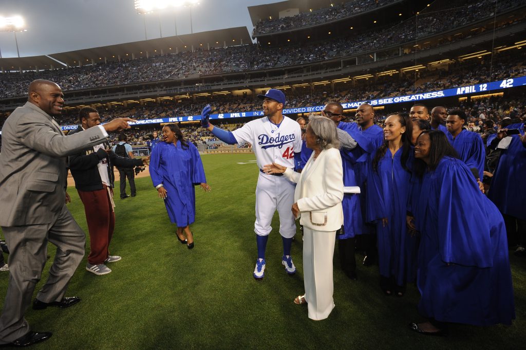 Magic Johnson, Matt Kemp and Rachel Robinson at Dodger Stadium on April 15, 2013. (Juan Ocampo/Los Angeles Dodgers)