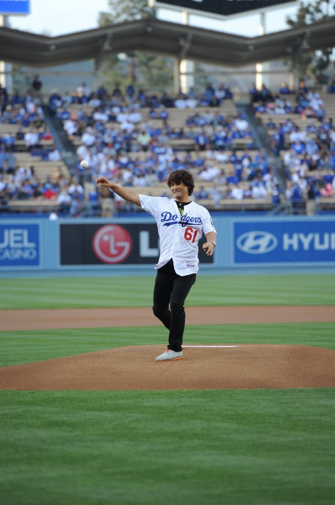 Chan Ho Park throwing the first pitch at Dodger Stadium in May. (Jill Weisleder/Los Angeles Dodgers)