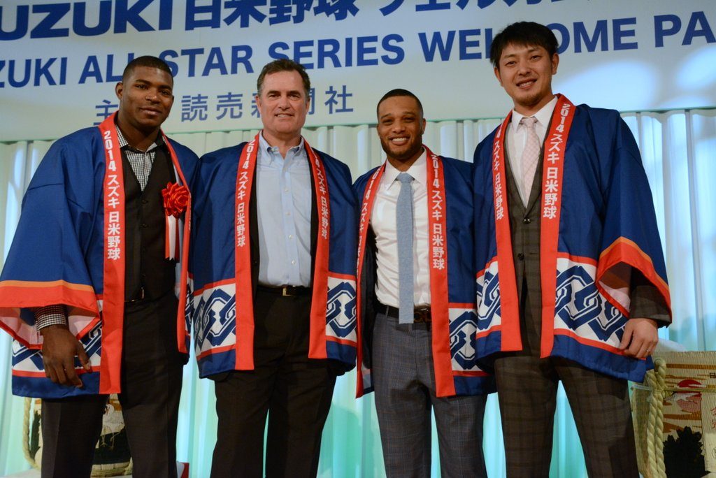 Yasiel Puig, John Farrell, Robinson Cano and Hisashi Iwakuma took part in the All-Star series welcome party ceremony  Ben Platt/MLB.com