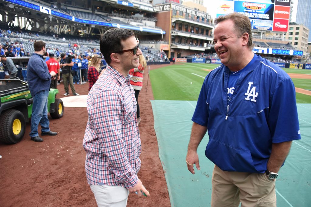 Andrew Friedman with Dodger clubhouse manager Mitch Poole in April (Jon SooHoo/Los Angeles Dodgers)