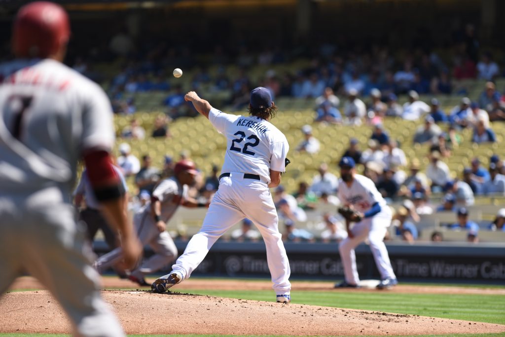 Clayton Kershaw making one of his NL-leading 127 pickoff throws in 2015. (Jon SooHoo/Los Angeles Dodgers)