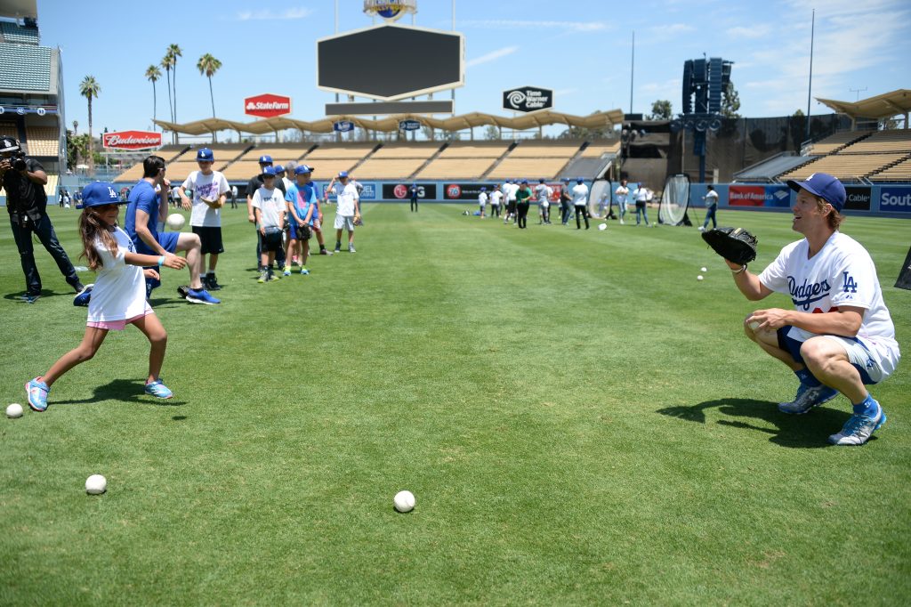 Clayton Kershaw co-hosted a clinic for youth from the Dream Center in July. (Jon SooHoo/Los Angeles Dodgers)