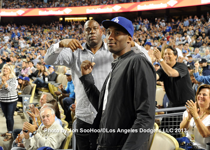 Magic Johnson and Kobe Bryant at Dodger Stadium, July 31, 2013. (Jon SooHoo/Los Angeles Dodgers)