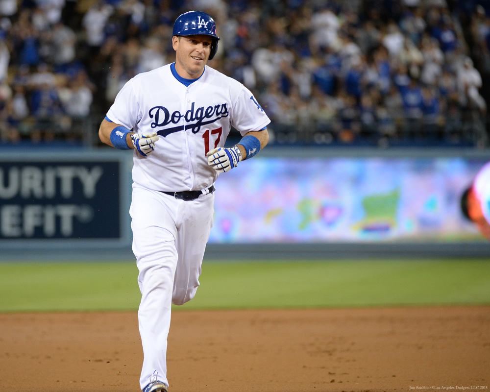 A.J. Ellis homered and caught Alex Wood's eight one-hit innings September 16 against Colorado. (Jon SooHoo/Los Angeles Dodgers)