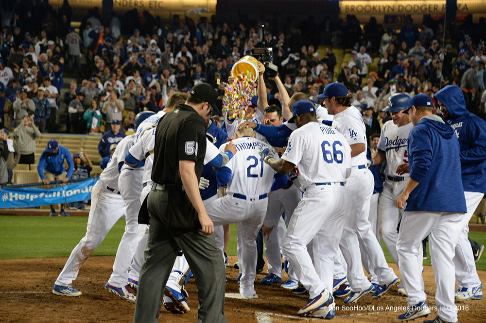 Los Angeles Dodgers greet Trayce Thompson at home after his walk off home run in the ninth against the New York Mets Tuesday, May 10,2016 at Dodger Stadium in Los Angeles,California. The Dodgers beat the Mets 3-2. Jon SooHoo/©Los Angeles Dodgers,LLC 2016