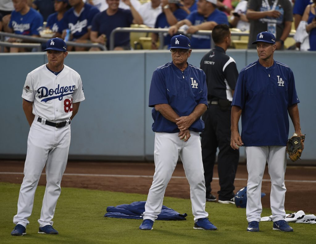 Steve Cilladi with catching coach Steve Yeager and fellow bullpen catcher Rob Flippo during the 2015 playoffs. 