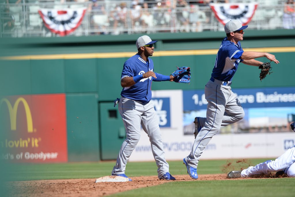 Erisbel Arruebarrena watches Corey Seager in a 2015 Spring Training game. (Jon SooHoo/Los Angeles Dodgers)